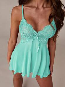 SHEIN BAE 2pcs/Set Sexy Lace Contrast Mesh Backless A-Line Dress Set - Green - View 5