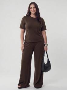 Solavibe Plus Size Women's Solid Color Round Neck Short Sleeve Top And Long Pants Casual Daily Two Pieces Set Vacation Chocolate Brown Summer Formal - Brown - View 6