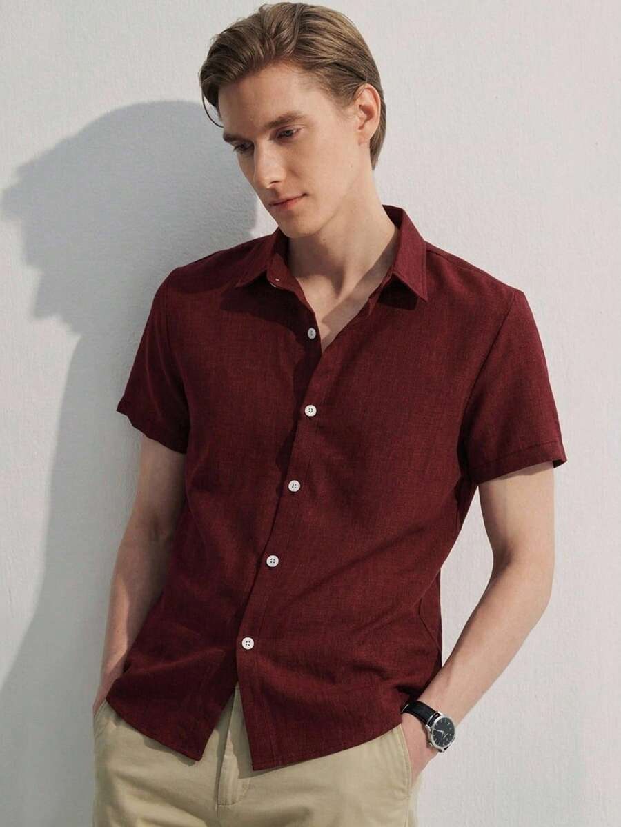 Manfinity CityGents 1件男士酒红色休闲通勤百搭修身纽扣衬衫,夏季 - 酒紅色 - 查看 1