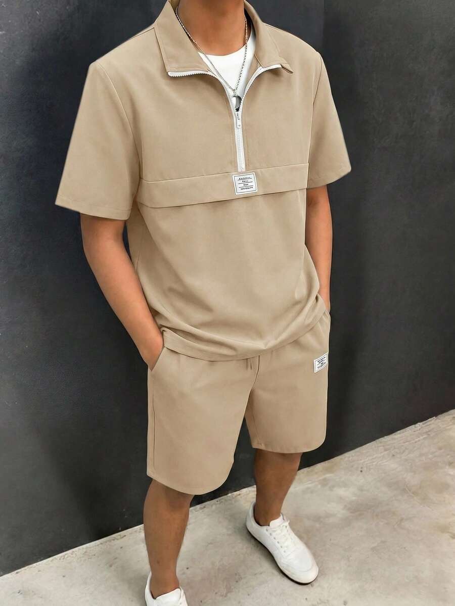 SHEIN 两件套男童休闲翻领半拉链短袖衬衫短裤套装,灰色衬衫套装,适合上学、演出、婚礼、郊游、节日派对、春夏穿着。 - 卡其色 - 查看 1