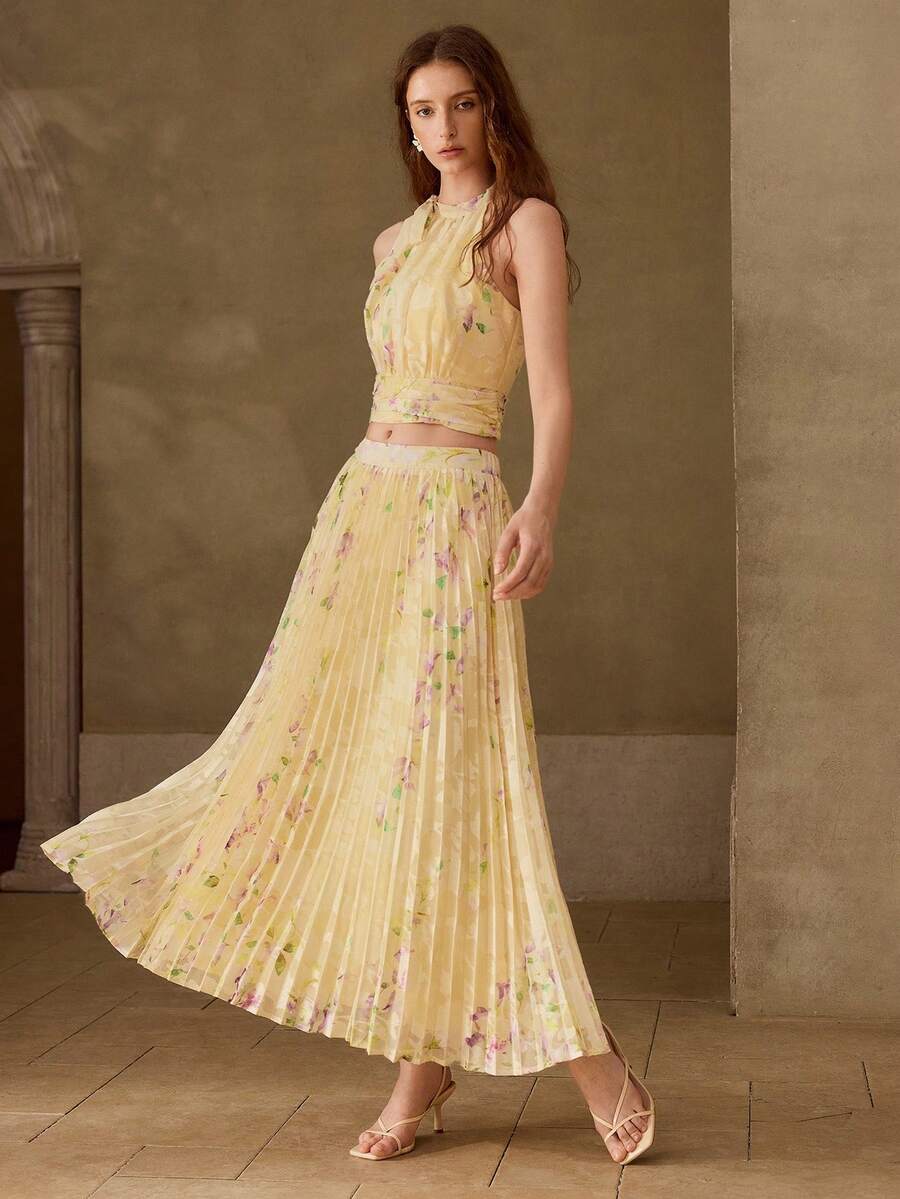 MOTF PREMIUM WOMEN'S ELEGANT FASHION JACQUARD PRINT PLEATED SKIRT - Yellow - View 2