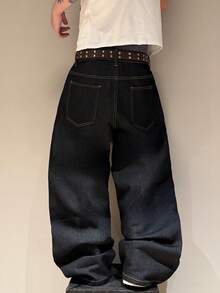 STEELVANCE 男士刺繡寬鬆休閒寬腿牛仔褲 - 黑色 - 查看 2