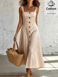 Balvessa Rochie midi pentru femei, cu dungi, cu nasturi, fără mâneci, casual, pentru vacanță, primăvară/vară