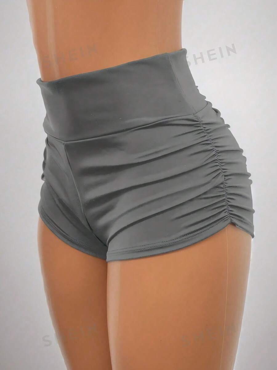 SHEIN EZwear 女士高腰褶皺短款休閒緊身褲 - 灰色 - 查看 1