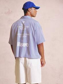 Musero Boxy Oversized Striped Shirt Large Backprint Dropped Shoulder Seam Reverse Collar Button Fastening - Blue and White - View 2