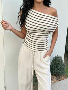 SHEIN Tween Girl Striped Asymmetrical Shoulder Casual Versatile Top,Random 1pc Sent - Multicolor - View 3