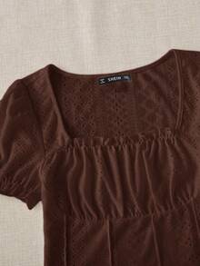 Solavibe 大尺碼女款泡泡袖方領百褶荷葉邊飾 T-shirt 棕色夏季休閒可愛仙女風 早午餐正式生日穿搭 - 棕色 - 查看 8