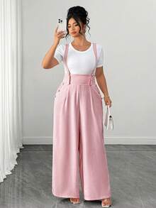 Elenzga Women's Plus Size Adjustable Pearl Buckle Decor Pocket Long Overalls Elegant Party Jumpsuit - Dusty Pink - View 4