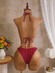 Bonvoyette Conjunto de bikini de 3 piezas con falda de cuello halter y estampado aleatorio para mujer, primavera/verano - Multicolor - Ver 7