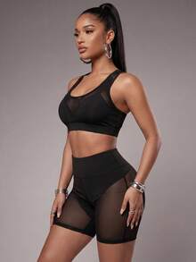 Radiana Mesh Patchwork Racerback Sports Bra + Tight Sports Mini Shorts Set  Y3k Seksi Chic For Daily Wear Yoga Yoga Studio Tennis Gym Indoor - Black - View 3