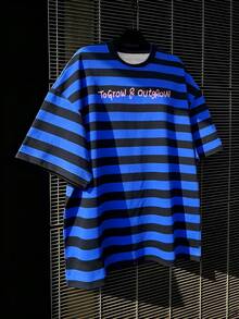 STEELVANCE Men's Dropped Shoulder Short Sleeve Striped Letter Print Casual Summer Loose Fit T-Shirt - Multicolor - View 2