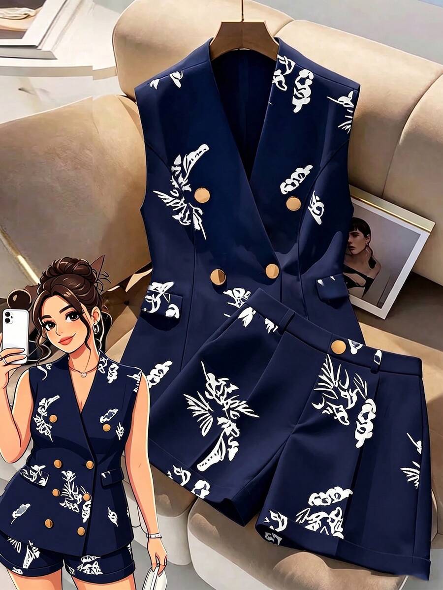 SHEIN Clasi 时尚优雅V领无袖收腰数码印花两件套,大码,春夏款 - 藏蓝色 - 查看 1
