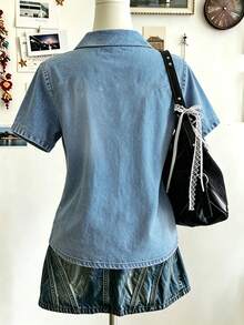 Lalippa 女款牛仔效果印花V領短袖時尚百搭街頭風休閒上衣 - 彩色 - 查看 2