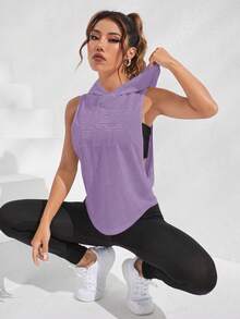SHEIN Sports 女款網眼素色無袖寬鬆字母印花連帽運動衛衣 - 紫色 - 查看 4