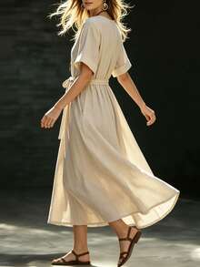 SHEIN Women's Casual Elegant Beige Deep V-Neck Tie Waist Loose Linen Dress, Suitable For Casual Party, Vacation And Daily Wear - Apricot - View 5
