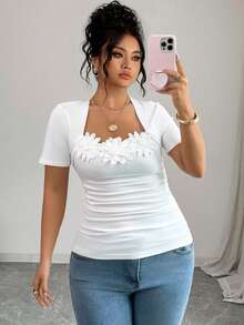 Elenzga Square Neck Short Sleeve Knit Lace Patchwork Decor White Plus Size T-Shirt, Suitable For Spring, Summer And Autumn - White - View 3