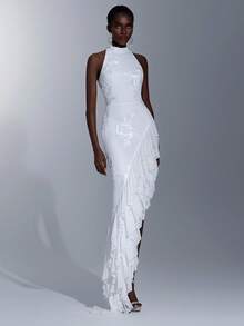 Elitara Vestido de Noche Formal Elegante Minimalista con Bordado de Cinta, Volantes Asimétricos y Hombros Descubiertos, Blanco, para Boda, Gala y Primavera - Blanco - Ver 7