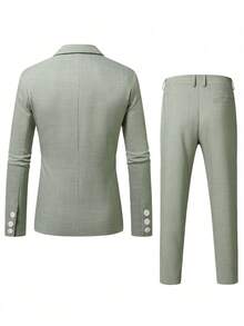 Manfinity Mode Men's Solid Color Lapel Neck Long Sleeve Blazer And Pants Casual Suit Set, Formal, Ceremony - Green - View 2