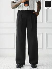 Manfinity Homme 男士阔腿裤，腰部搭扣设计，纹理面料，商务休闲裤，修身复古时尚正装裤 - 黑色 - 查看 6