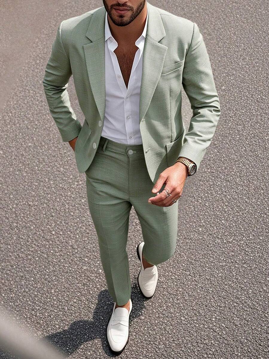 Manfinity Mode Men's Solid Color Lapel Neck Long Sleeve Blazer And Pants Casual Suit Set, Formal, Ceremony - Green - View 1