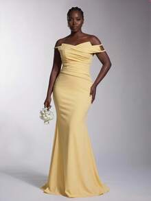 Elitara Plus Size Elegant Luxurious Tube Top Knotted Textured Fabric Dress For Formal - Yellow - View 5