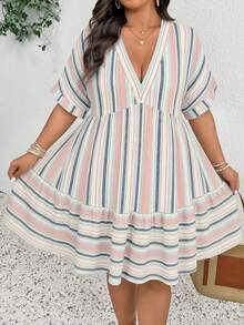 SHEIN Frenchy Plus Size Women's Multi-Color Striped V-Neck Ruffle Hem Dress - Multicolor - View 4