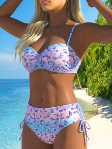 Swim Lushoire 女款夏季度假海灘性感熱帶風粉色豹紋花卉印花鋼圈托高細肩帶抓皺平口比基尼上衣高腰比基尼套裝 - 彩色 - 查看 4