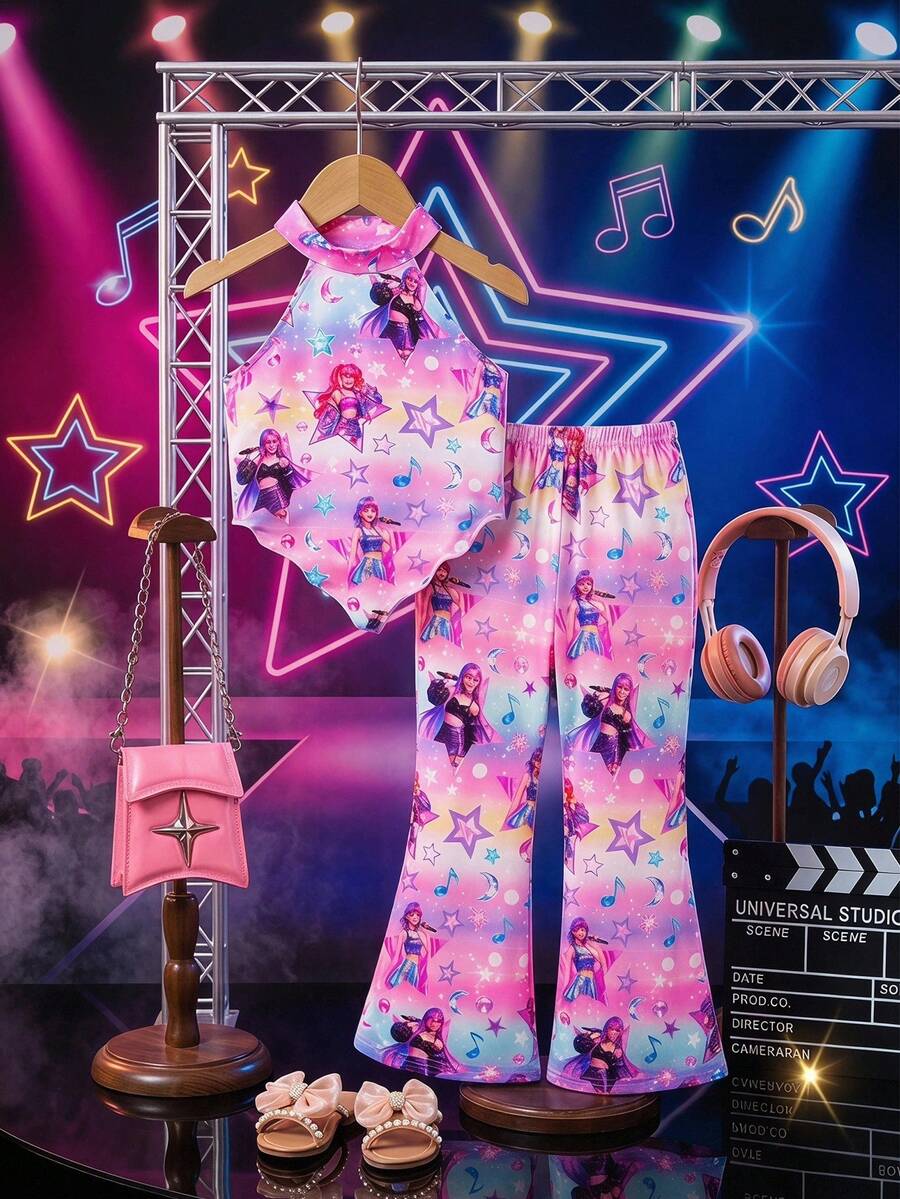 SHEIN 两件套少女卡通印花针织无袖上衣和喇叭裤休闲套装