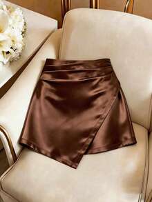 Qadelle Falda asimétrica de satén de moda para mujer, falda ajustada de cintura alta y sexy, elegante y versátil, adecuada para la temporada de graduación, ir al trabajo, uso casual, de negocios, de oficina, diario y atuendo laboral de maestros urbanos - Marrón - Ver 3