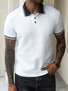 Manfinity Homme 男士不對稱花卉提花針織短袖 Polo 衫，休閒日常，送給丈夫或男友的禮物，正式場合適用 - 白色 - 查看 2