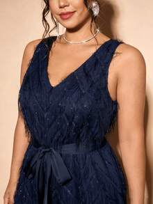 Cravure Plus Size Women's New Elegant Party Jumpsuit With Fringe, V-Neck, Bow Tie, Back Cutout, Spring/Summer - Navy Blue - View 5