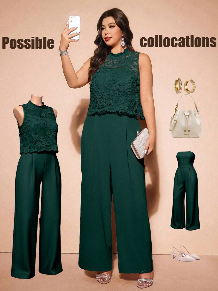 Cravure Elegant Lace Faux Leather Jumpsuit With Invisible Shoulder Straps, Plus Size 2 Pieces Set - Dark Green - View 1