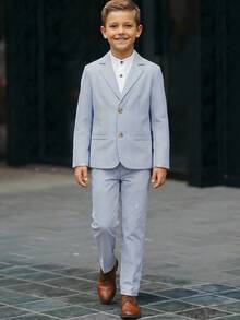 SHEIN 3件組青少年男孩藍色條紋西裝外套彈性腰長褲休閒短褲套裝運動服，杏色西裝套裝，適合生日派對、晚會、表演、婚禮、滿月、洗禮、慶祝、情人節、婚禮季節、派對 - 藍色 - 查看 5