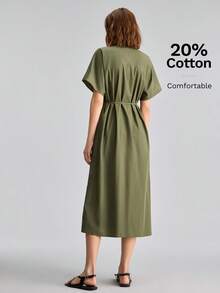 Ontre Women's Olive Green Morandini Color Series High-Quality Comfortable Fabric Summer Bohemian Elegant Style Casual Teachers' Day Outfits Office - Army Green - View 7