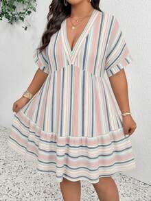 SHEIN Frenchy Plus Size Women's Multi-Color Striped V-Neck Ruffle Hem Dress - Multicolor - View 3