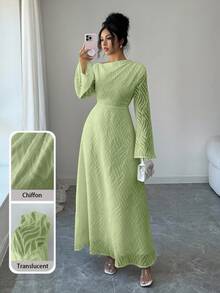 Modelyn Women's Elegant Textured Fabric Flare Sleeve Waist Cinched Dress, Suitable For Spring & Autumn - Green - View 5