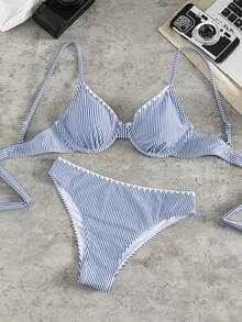Swim Mod 2026 Spring/Summer New Fashion Striped Print Sexy Backless Women's Thin Strap Bikini Two Pieces Beach Swimsuit Set - Blue and White - View 3