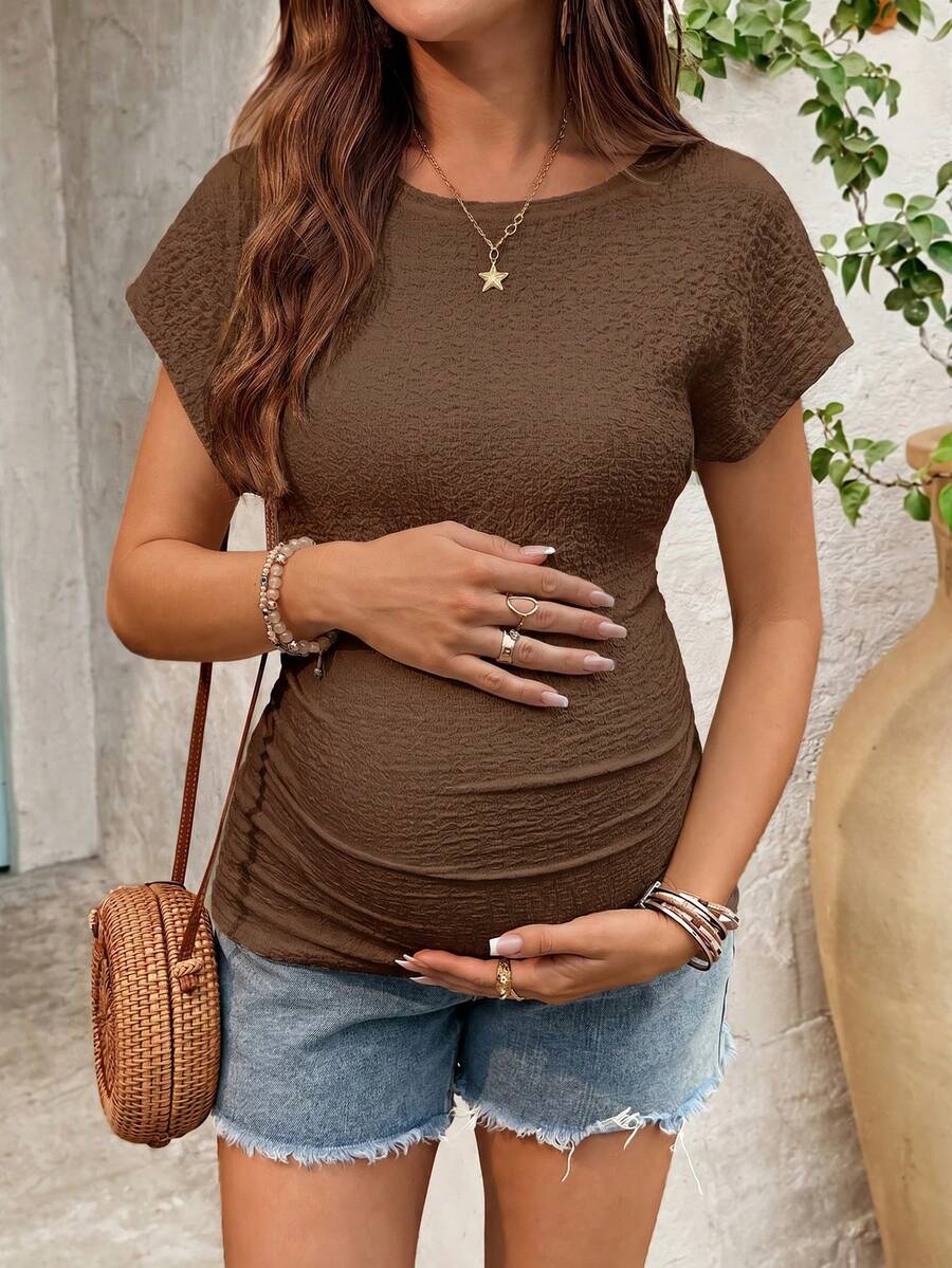 SHEIN Maternity Solid Color Minimalist Casual Round Neck Short Sleeve T-Shirt - Coffee Brown - View 1