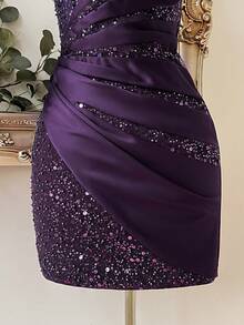 Lovelzi Elegant Deep Purple Sequin Satin Sweetheart Draped Wrap Asymmetric Ruched Corset Sparkly Fitted Short Cocktail Dress For Party Prom - Purple - View 6