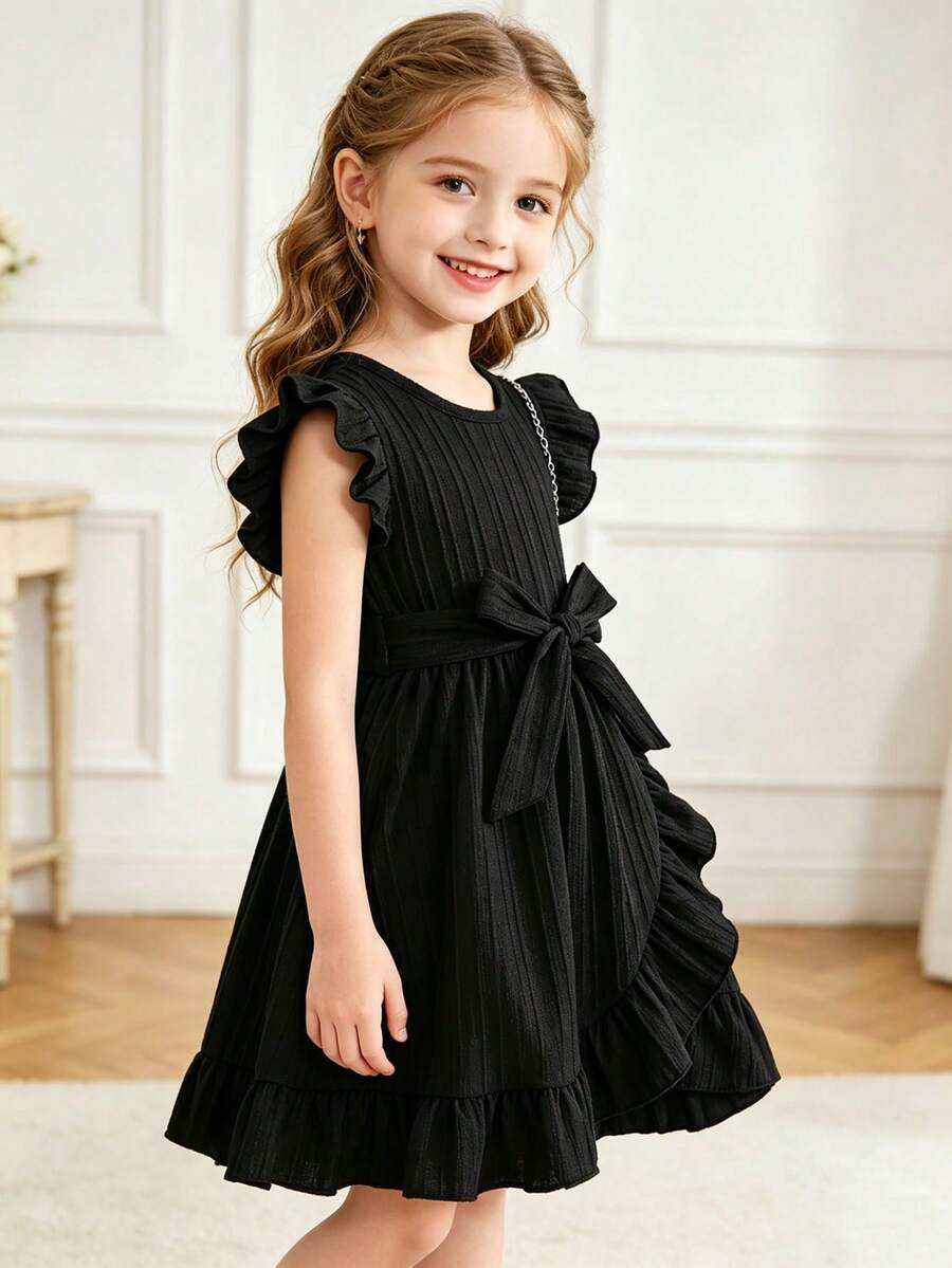 SHEIN Elladie kids Váy xòe đơn giản thoải mái cho bé gái kèm phụ kiện thắt lưng, mùa hè - màu đen - Xem 1
