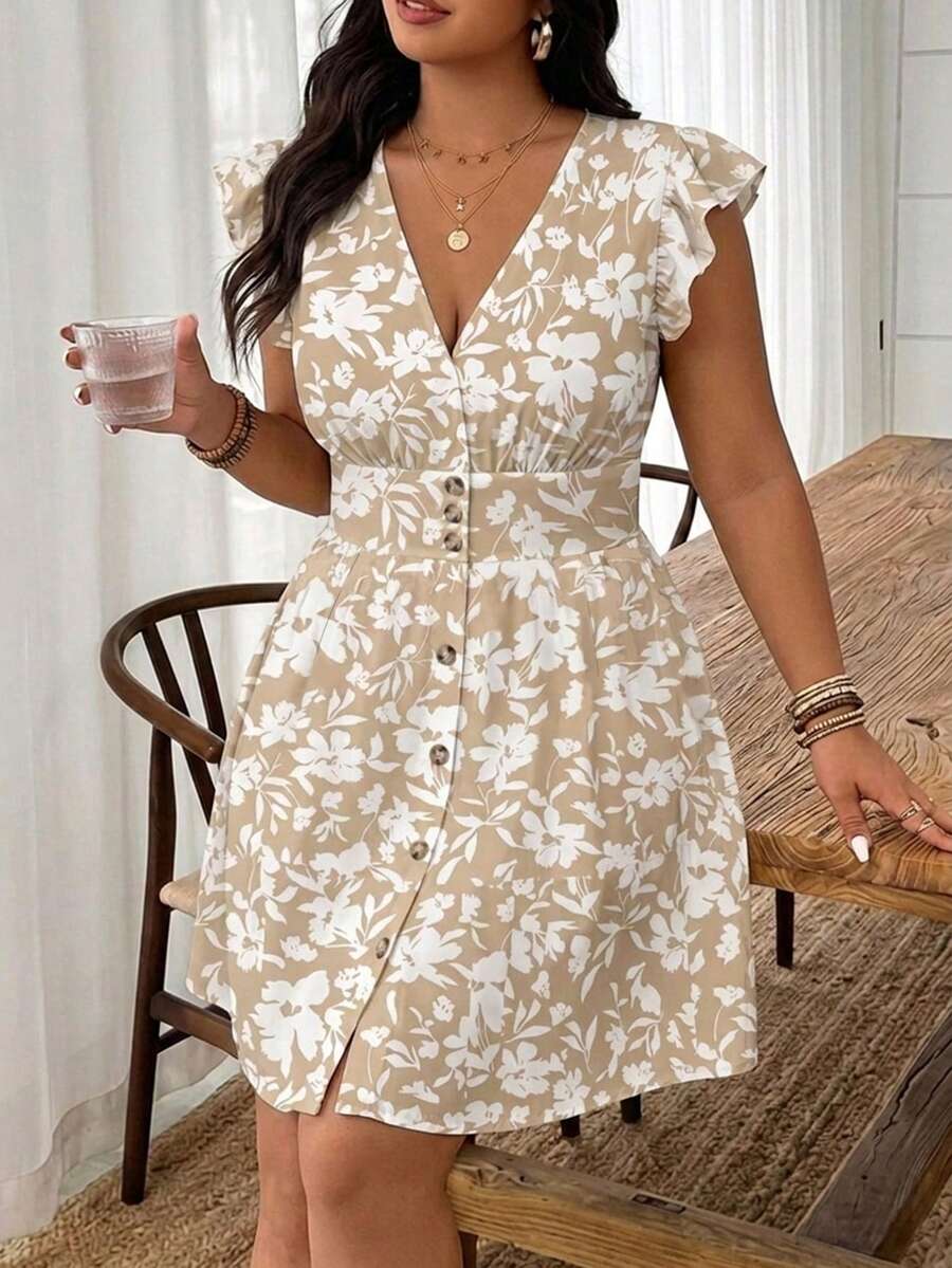SHEIN Frenchy 大码女式碎花休闲短袖连衣裙 - 彩色 - 查看 1