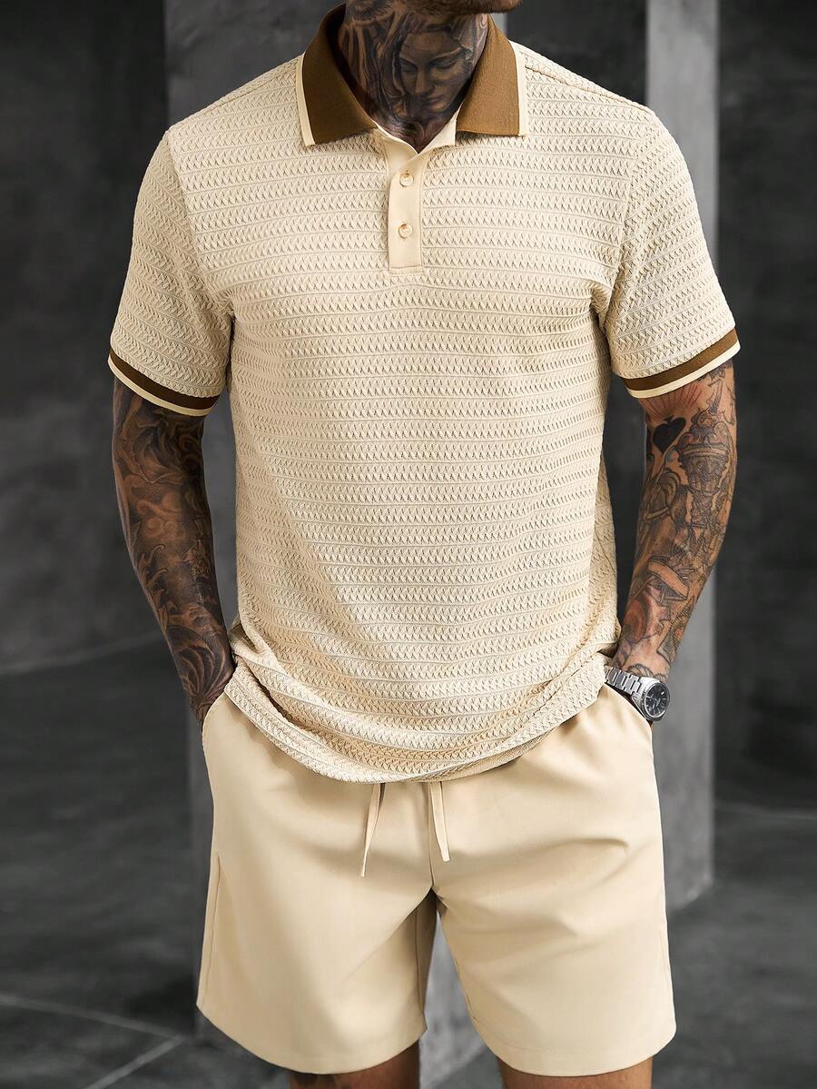 Manfinity CasualCool Set Polo Kasual Musim Panas Pria dengan Desain Blok Warna, Bagian Depan Setengah Terbuka, Bahu Reguler, Lengan Pendek - Aprikot - View 1