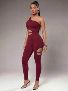 Radiana Women's Asymmetrical Shoulder Cutout Fitted Sports Jumpsuit  Casual Everyday Wear Summer Running Yoga  Gym Club, Nightclub Cocktail Party Sexy - Burgundy - View 3