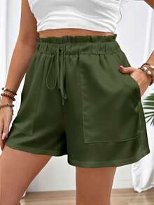 EMERY ROSE Plus Size Army Green Solid Paperbag Ruffle Drawstring Elastic High Waist Patch Pocket Loose Wide Leg Summer Casual Shorts For Women Vacation - Multicolor - View 3