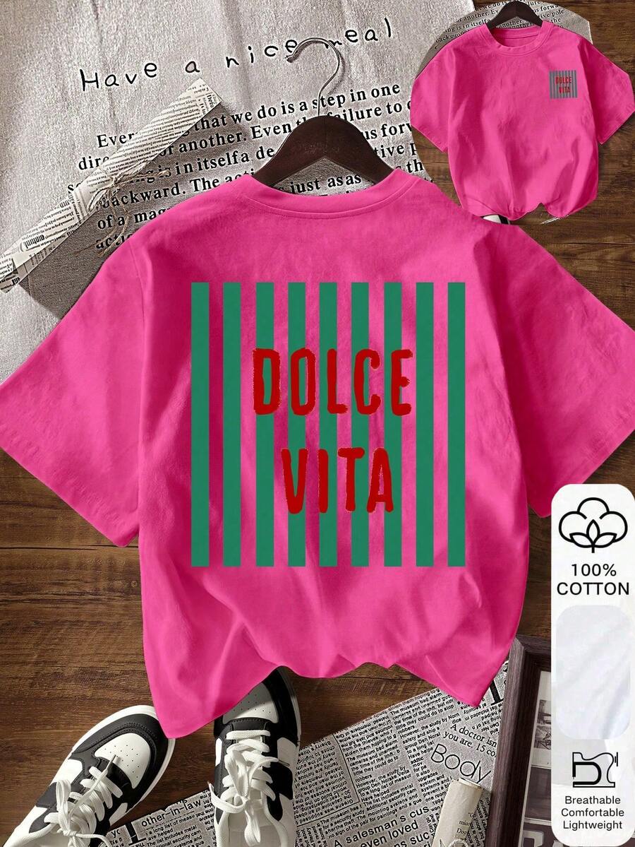 EMERY ROSE Women's Round Neck Short Sleeve Printed Casual Minimalist T-Shirt - Hot Pink - View 1