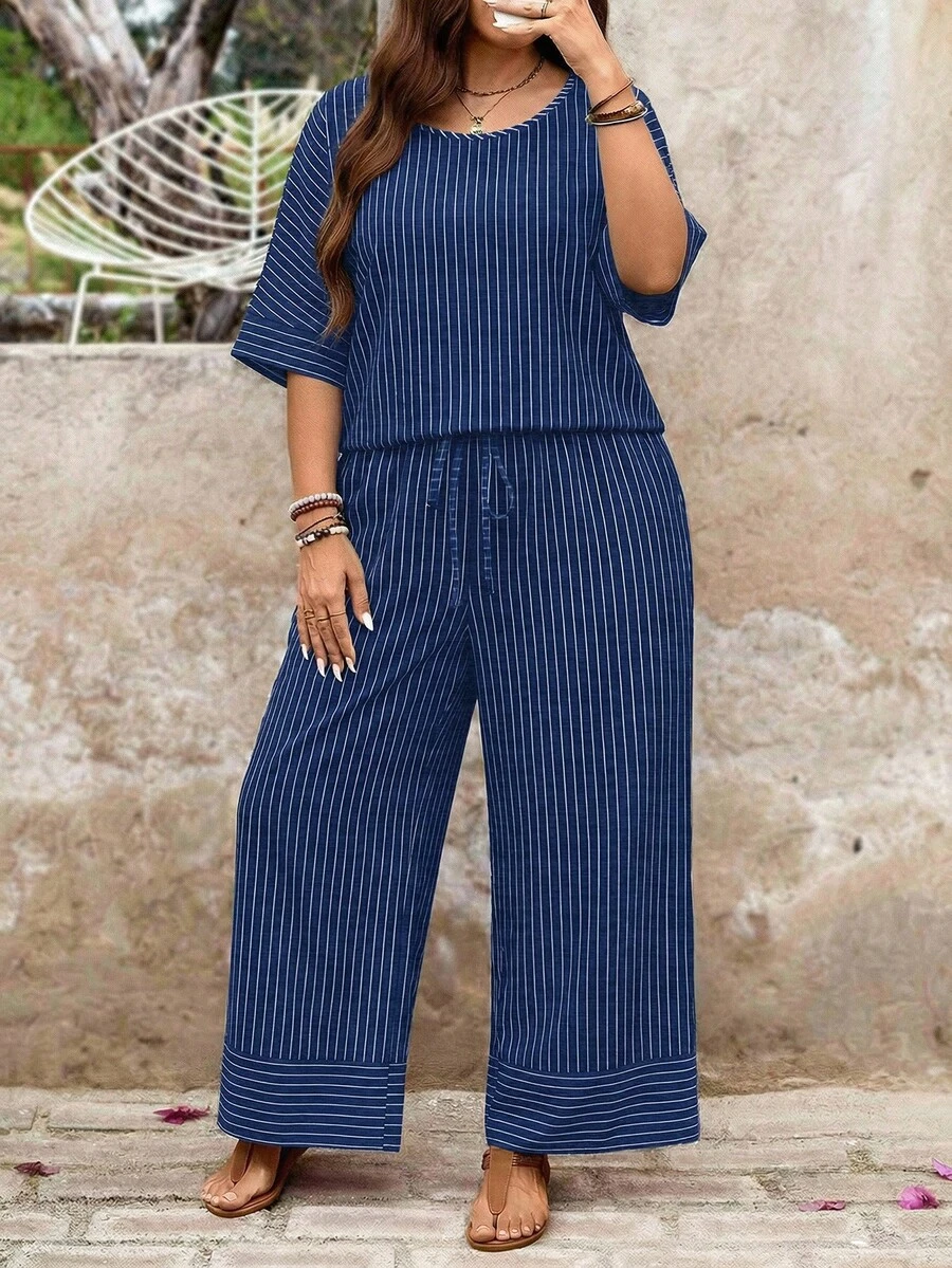 SHEIN LUNE Nautical Striped Shirt And Pants 2 Pieces Set, Plus Size Fall - Multicolor - View 1