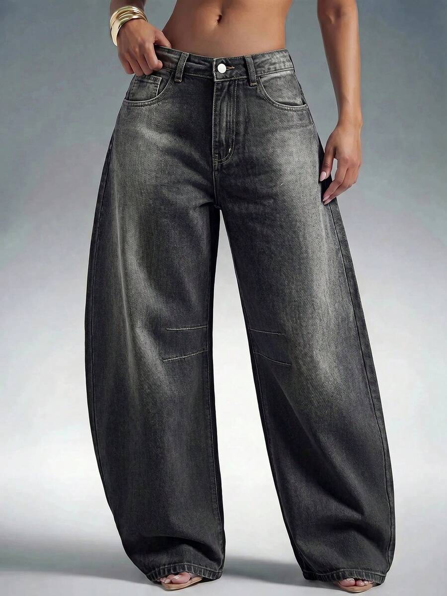 Denimoi Barrel Leg Adjustable Waist Jeans Barrel Jeans Fashionable Denim - Black - View 1