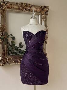 Lovelzi Elegant Deep Purple Sequin Satin Sweetheart Draped Wrap Asymmetric Ruched Corset Sparkly Fitted Short Cocktail Dress For Party Prom - Purple - View 5