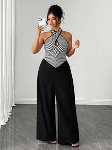 SHEIN Clasi Plus Size Women's Brown Striped Patchwork Jumpsuit, Summer Elegant Halter Criss-Cross Wide Leg Jumpsuit, Office Lady Playsuit - Black - View 4