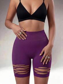 Radiana Shorts mi-longs moulants athlétiques déchirés pour femmes - Prune - Voir 4